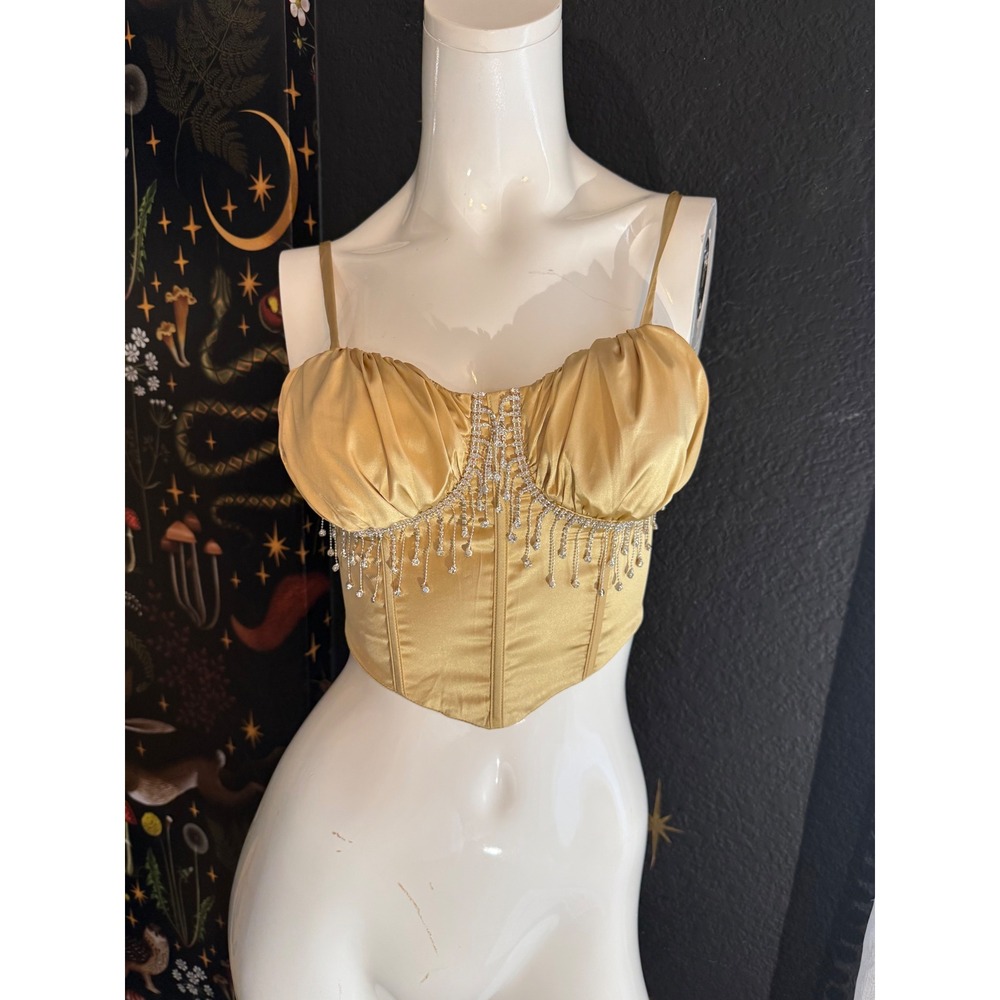 Julia by Love J Gold Satin Rhinestone Fringe Corset Crop Top Small Bustier
